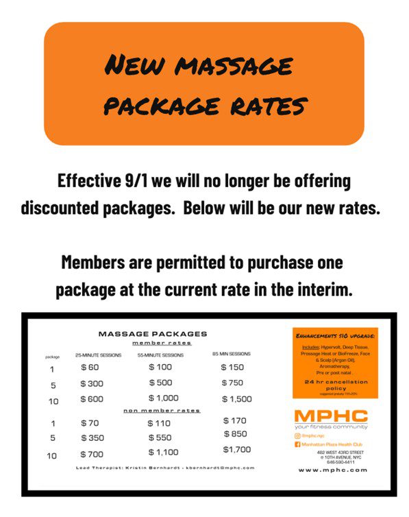 Manhattan Plaza Health Club Massage Rate packages September 1st 2023