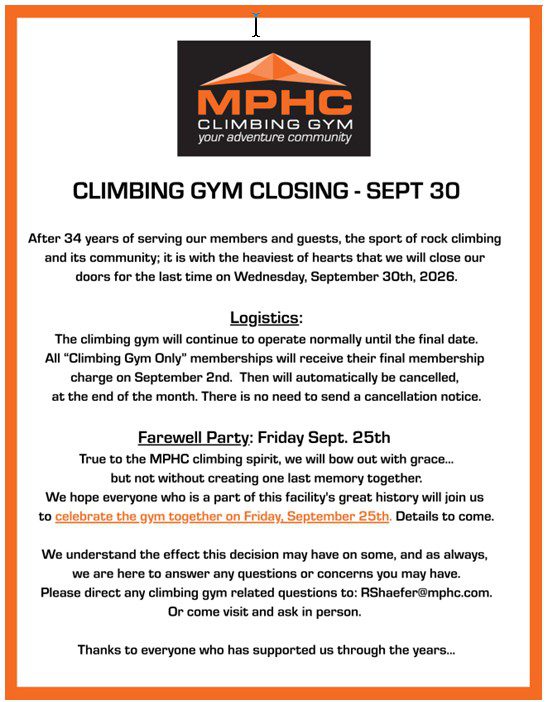 Climbing Gym Closure on September 30th 2026 by Manhattan Plaza Health Club